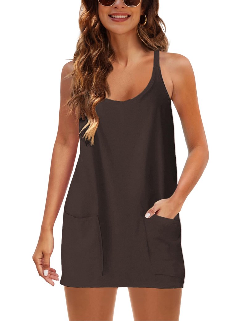 Lentta Womens Athletic Sleeveless Mini Dress with Built-in Shorts V Neck Spaghetti Strap Sundress(Coffee-XL)