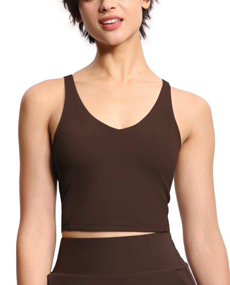 Women’s Longline Sports Bra Wirefree Padded Medium Support Yoga Bras Gym Running Workout Tank Tops Brown