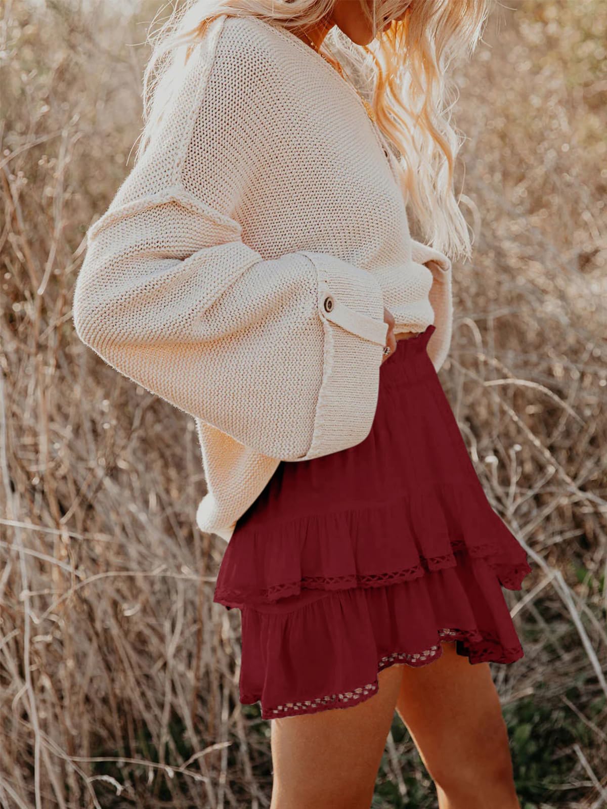 Aoudery Flowy Shorts for Women Casual Boho Ruffle Tiered Skorts High Waist Mini Skirts Golf Tennis Butterfly Crochet Shorts - Red L