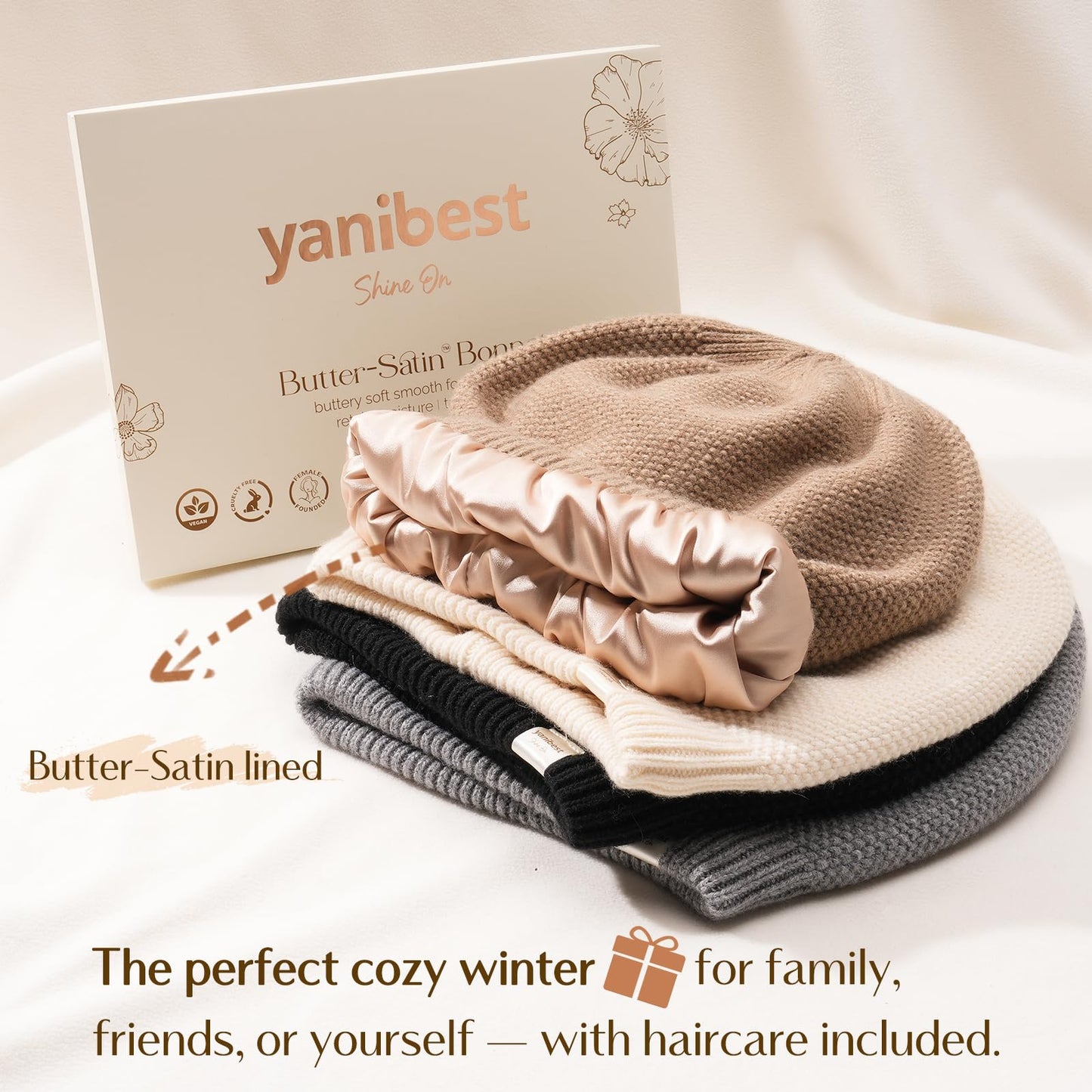 YANIBEST Satin Lined Beanie, Warm Winter Hats for Women, Classic Slouchy Beanie Knit Hat, Khaki