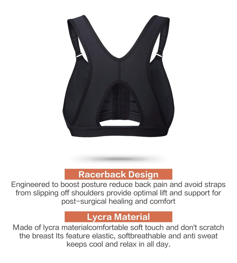 SHAPERX Women's Post-Surgical Front Closure Sports Bra Adjustable Wide Strap Racerback Support Bra,SZ83288-Black-L