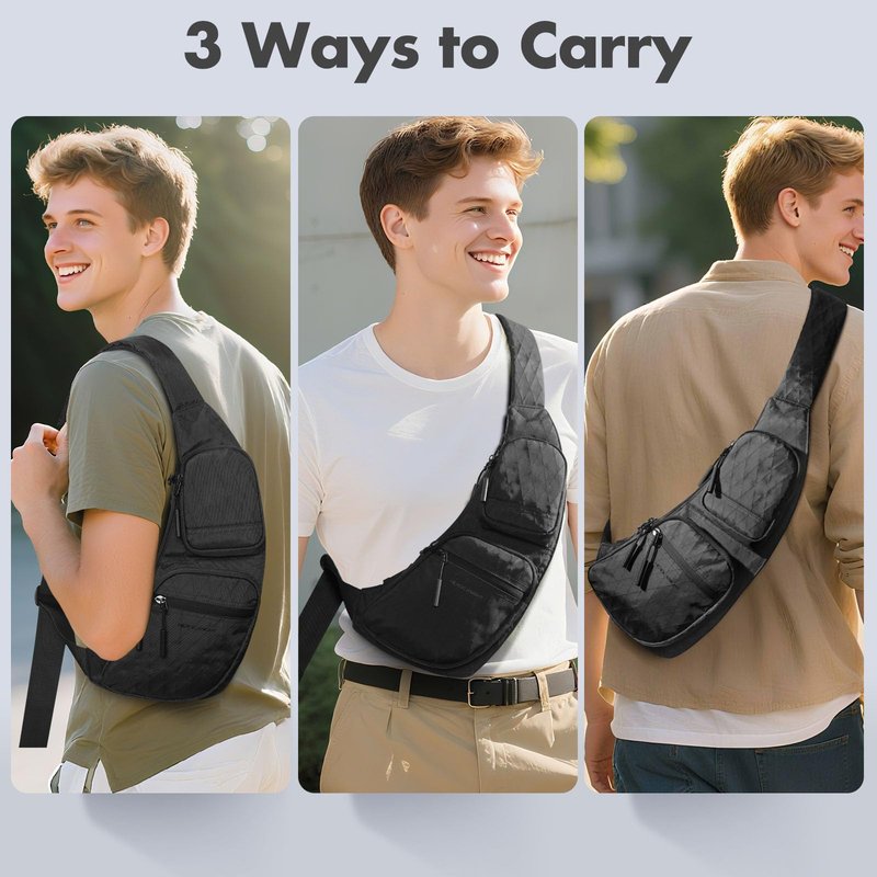 hk Sling Bag for Men with 3‑Layer Sailcloth‑Inspired Performance Fabric, Lightweight Waterproof Sling Bag for Men with Tablet Compartment, Crossbody Bag for men, Commuting, Black