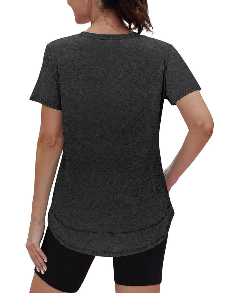 Short Sleeve Shirts for Women Workout Yoga Tops Sun Protection Clothing Summer Outfits Rash Guard Side Slit V Neck Black XL
