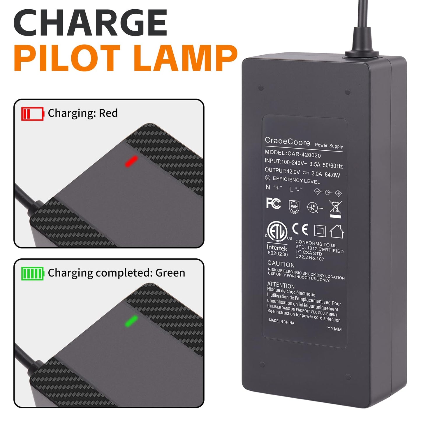 CraogeCoore 42V 2A Electric Scooter Charger for 36V Lithium Battery, 5-in-1 Plug Ebike Charger for Gotrax, Jetson, Razor, Swagtron, Bird, Segway,UL Certified