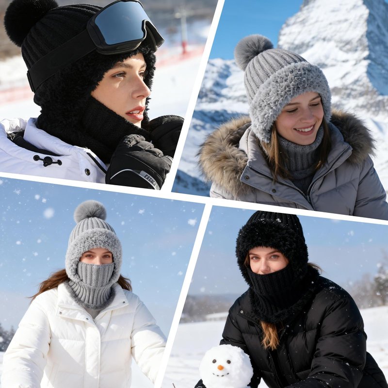 3 in 1 Beanie Hat for Women,Upgrade Cold Resistant Beanie Hat,Winter Warm Knitted Balaclava Scarf with Face Cover,Wind-Proof for Autumn and Winter(Black)