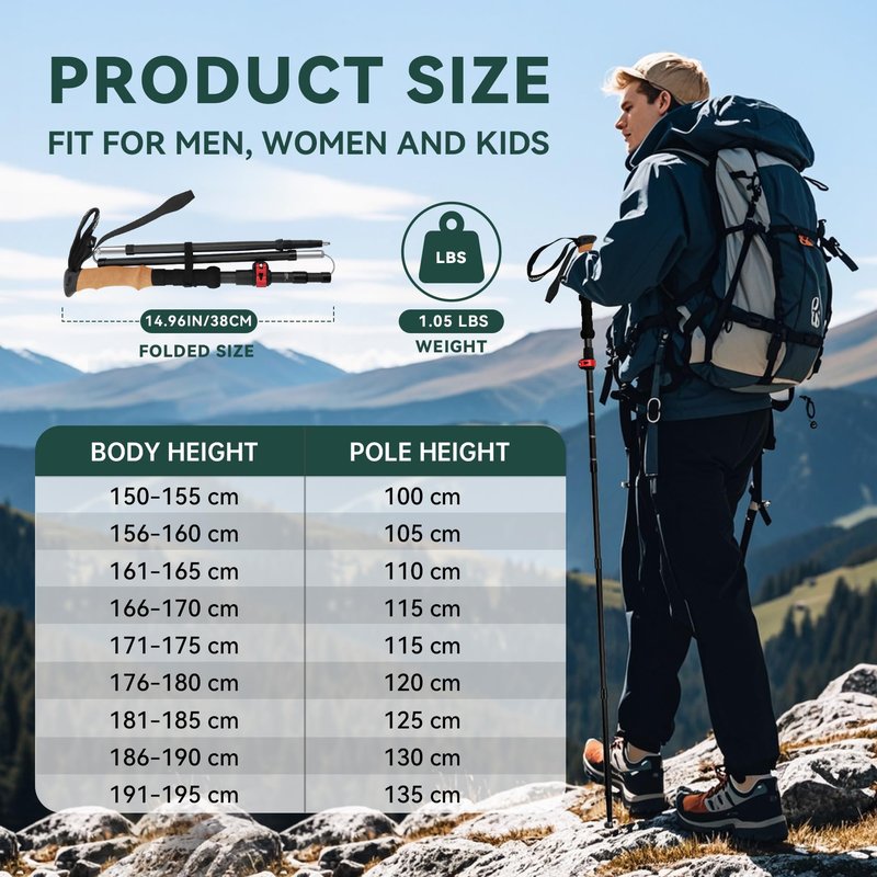 Carbon Fiber Trekking Poles 2-Pack - Lightweight Collapsible Hiking Sticks with Cork Grip & Quick-Lock System, Portable Walking Poles for Travel & Backpacking, Suitable for Men, Women and Seniors