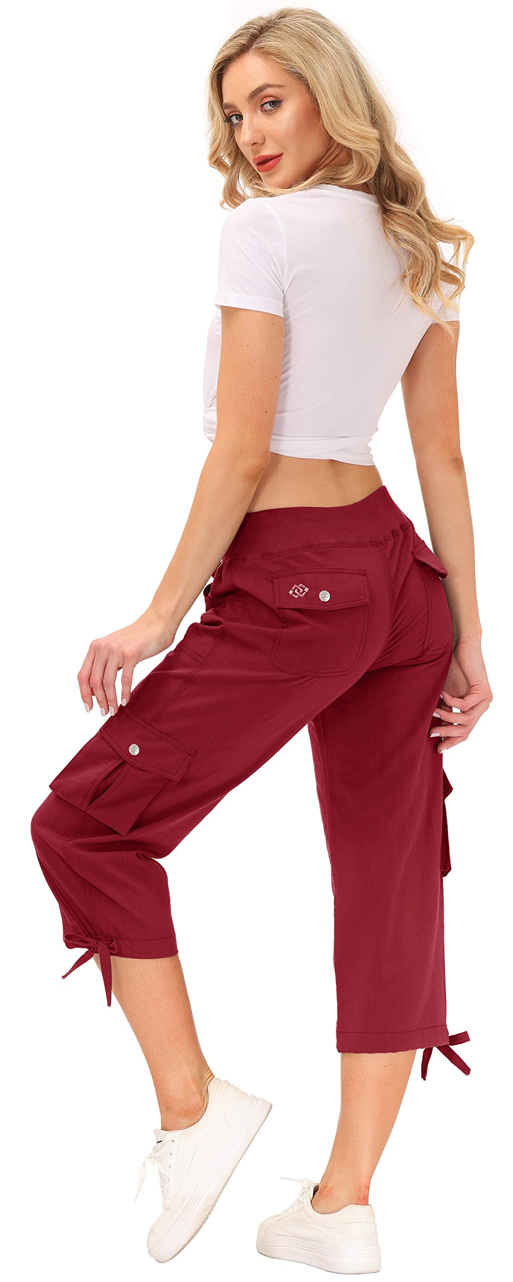 MoFiz Womens Capris Summer Cargo Shorts Lightweight Quick Dry Athletic Casual Travel Loose Ladies Outdoor Hiking Pants Pockets Wine Red 3XL