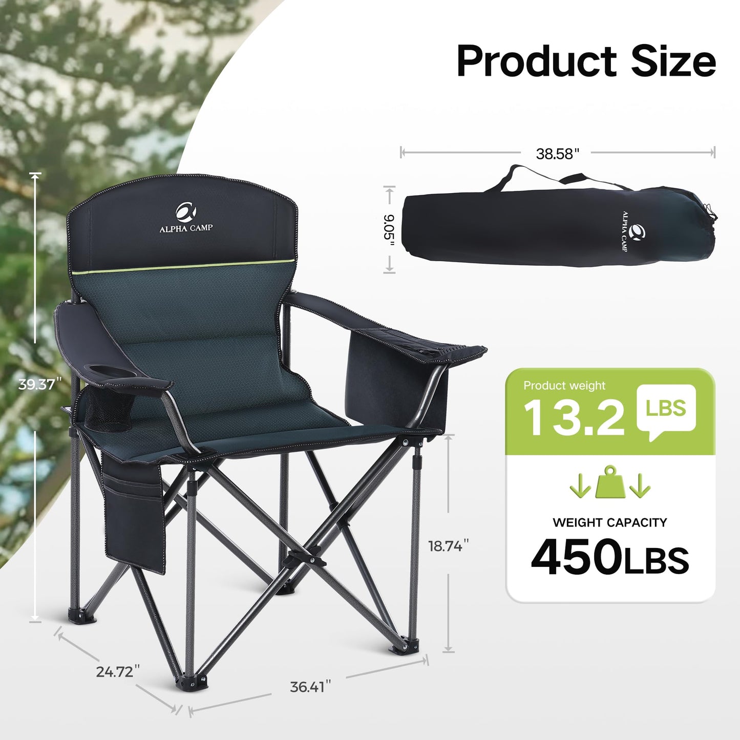2 Pack Oversized Folding Camping Chairs High Back Heavy Duty Padded Lawn Chair for Adults Support up to 450lbs with Cup Holder, Side Pocket Cooler Bag, Blue