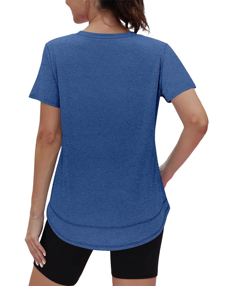 Summer Tops for Women 2026 Short Sleeve Workout Clothes Athletic Shirts Pilates Outfits Camisetas Deportivas para Mujer V Neck Blue L