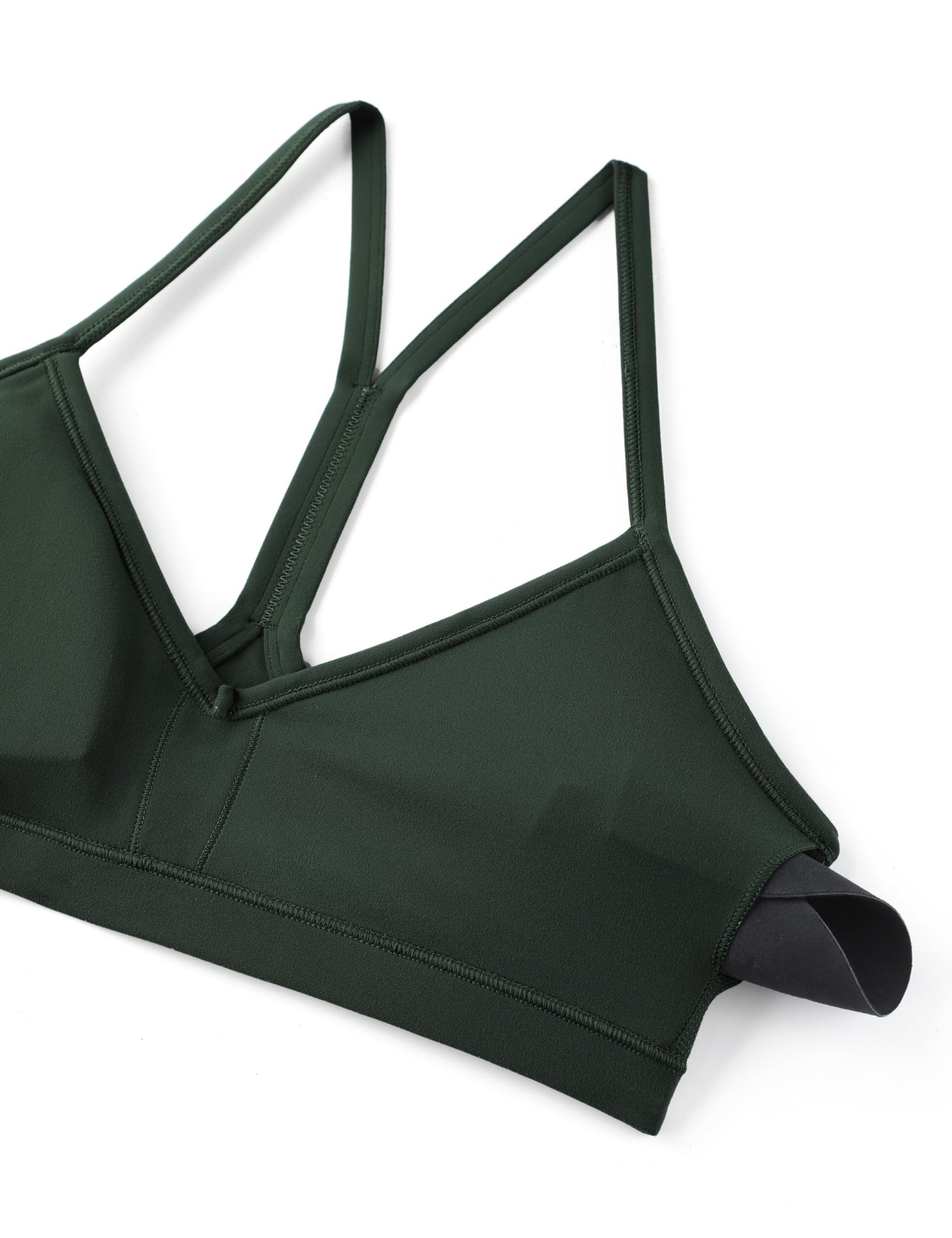 CRZ YOGA Butterluxe Ruched Sports Bras for Women - V Neck Spaghetti Thin Strap Y Back Wireless Padded Yoga Crop Top Legend Green Small