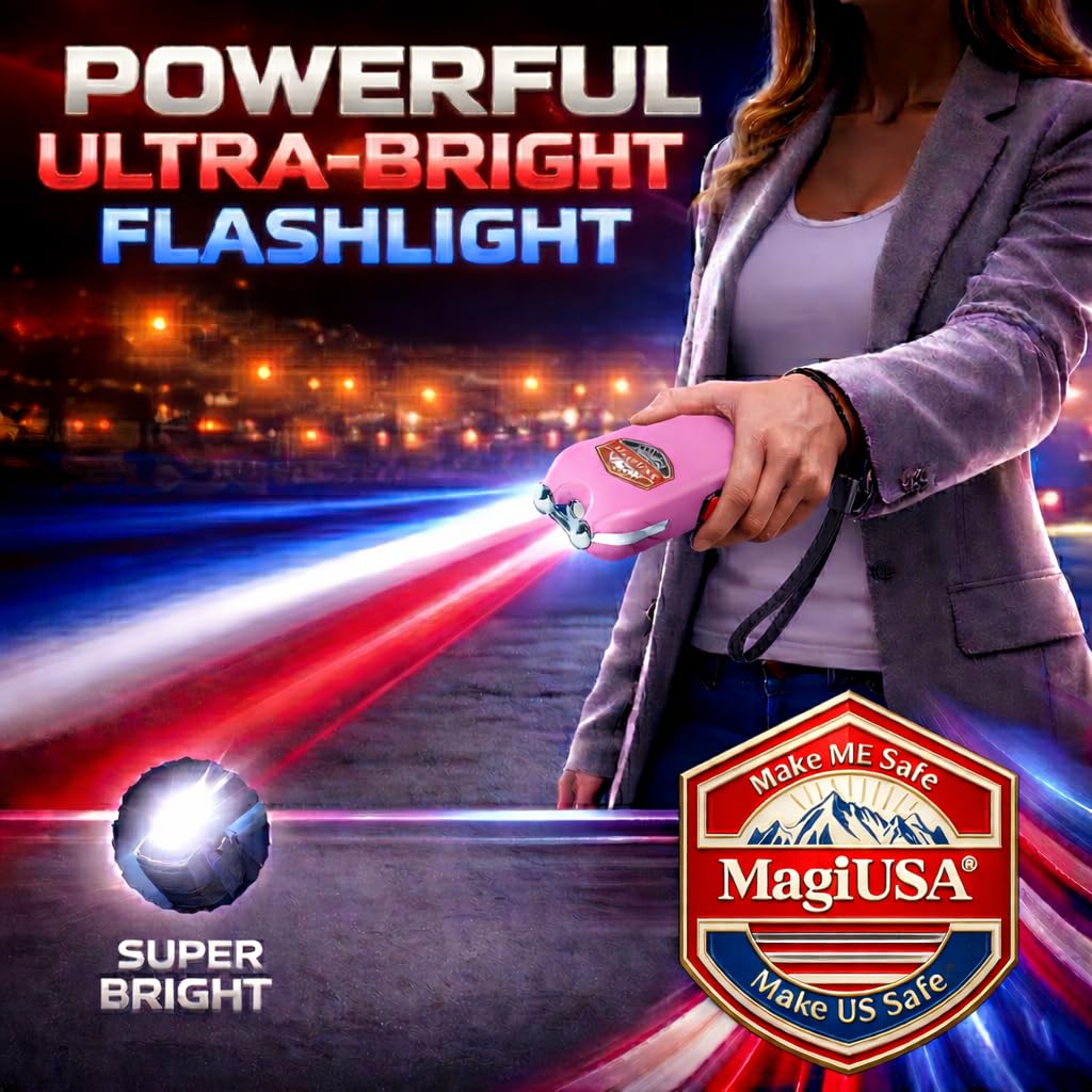 MagiUSA 989 Rechargeable Stun Gun for Self Defense, LED Flashlight, Pink