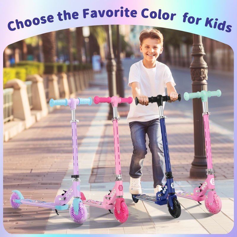 BELEEV Scooters for Kids with Light-Up Wheels & Stem & Deck, 2 Wheel Folding Scooter for Girls Boys, 4 Adjustable Height, Lightweight Kick Scooter with Kickstand for Children Ages 3-12 (Blue)