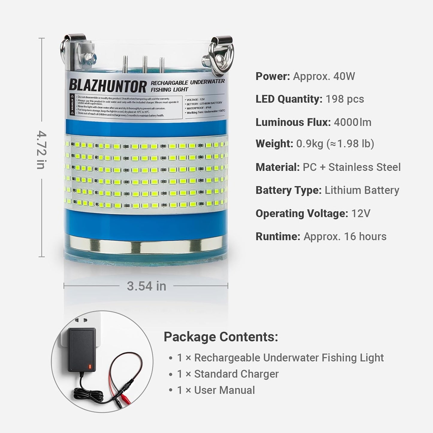 Rechargeable Underwater Fishing Light - Auto On in Water, 16000lm Brightness | IP68 Waterproof, Cordless for Night Fishing