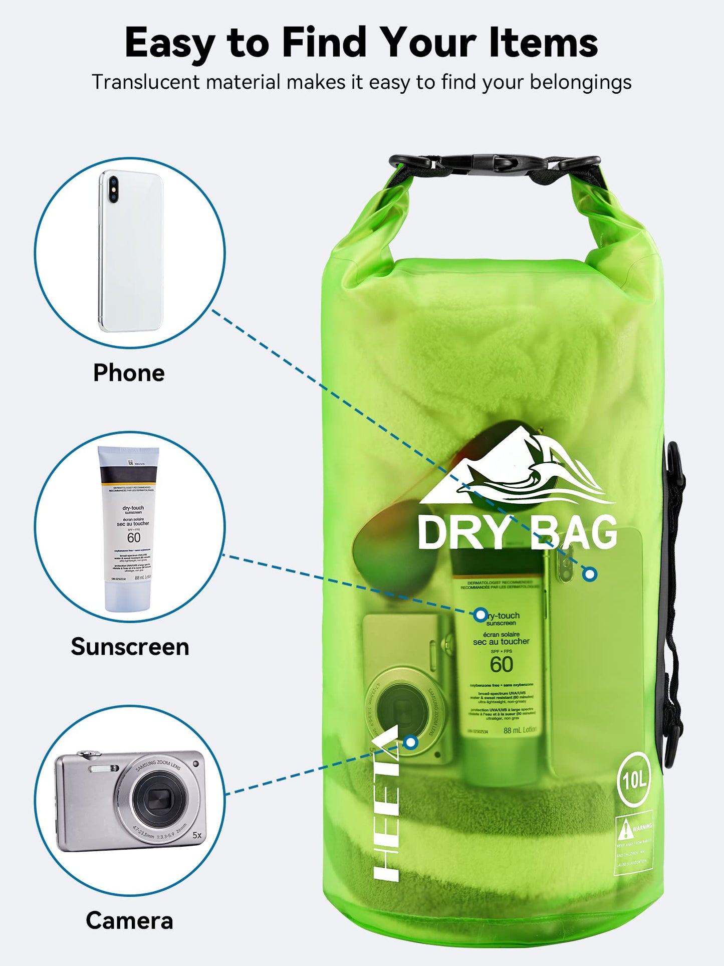 HEETA Dry Bag Waterproof for Women Men, Roll Top Lightweight Dry Storage Bag Backpack with Phone Case for Travel Swimming Boating Kayaking Paddle Board Camping Beach Accessories (Lemon Green, 20L)