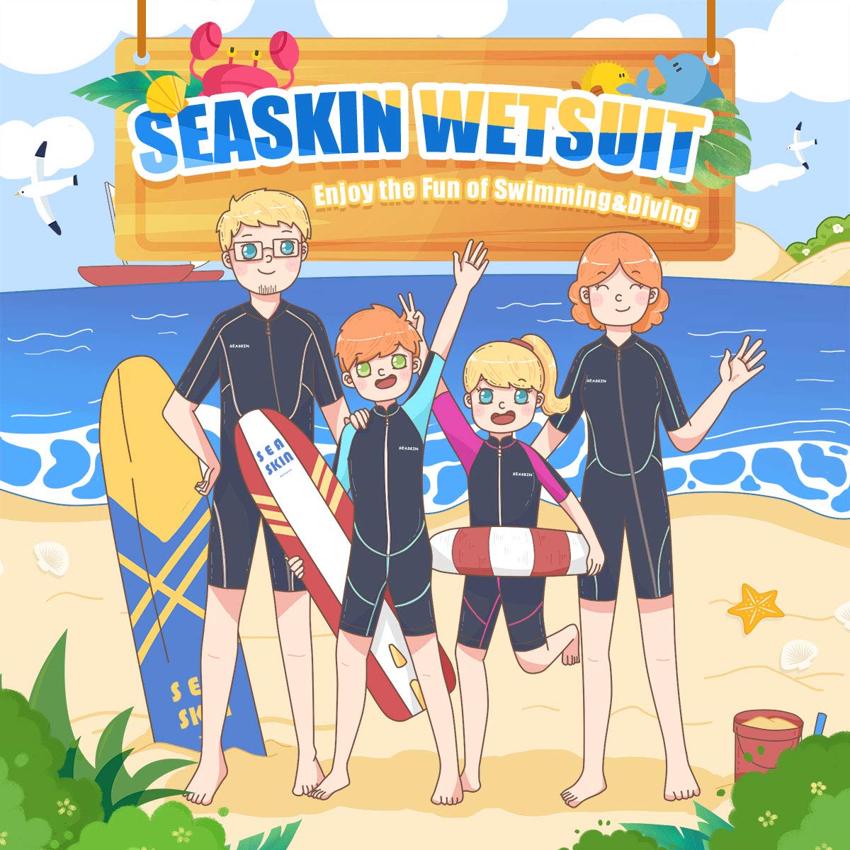 Seaskin Kids Wetsuit for Boys Toddlers, 2mm Front Zipper Shorty Wetsuits, Neoprene Thermal Swimsuits for Diving Surfing Swim Lessons Size 6