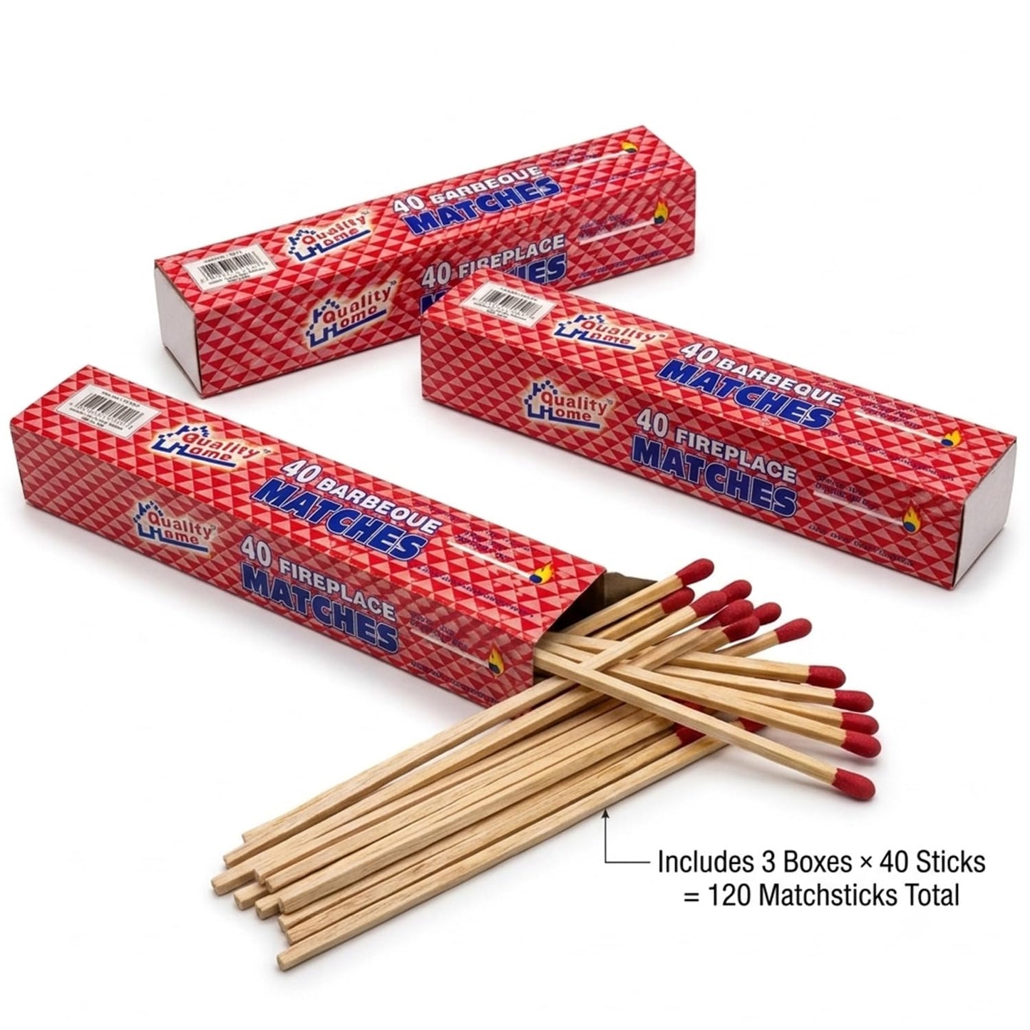 Quality Home Long Wooden Fireplace Matches for Candles, Camping, BBQ Grilling - 11" Matches, 40 in Each Box (3)