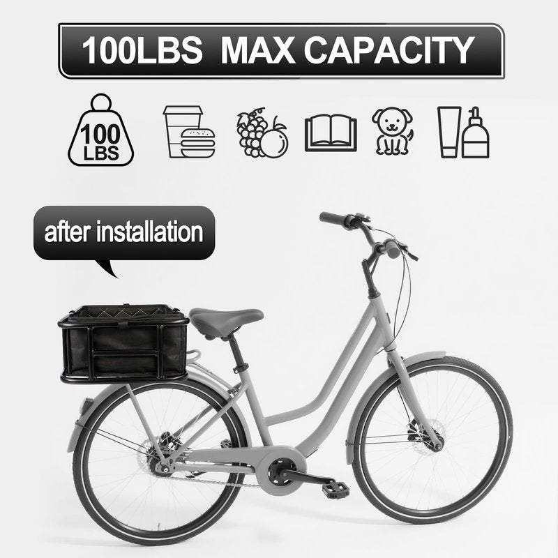 Bike Basket Rear, Bicycle Basket with Liner Bag, Waterproof Cover & Cargo Net, Heavy Duty Large Bike Basket for Most Bikes and E-Bike