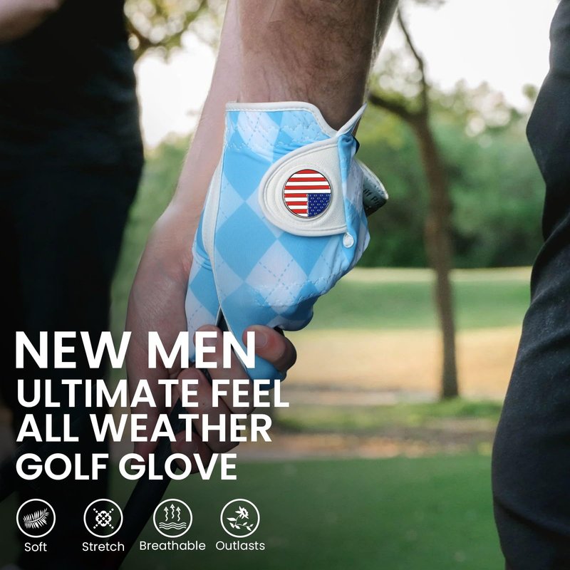 FINGER TEN Golf Gloves Men 1 Pack with Ball Marker for Left Hand Right, Stylish Patterns & Breathable Design for Comfortable All-Weather Grip, Golf Glove Sizes S M ML L XL (Blue Plaid, Large, Right)
