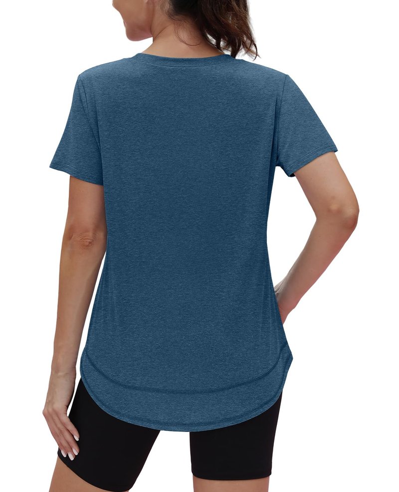 Short Sleeve Shirts for Women Workout Yoga Tops Sun Protection Clothing Summer Outfits Rash Guard Side Slit Blue XL