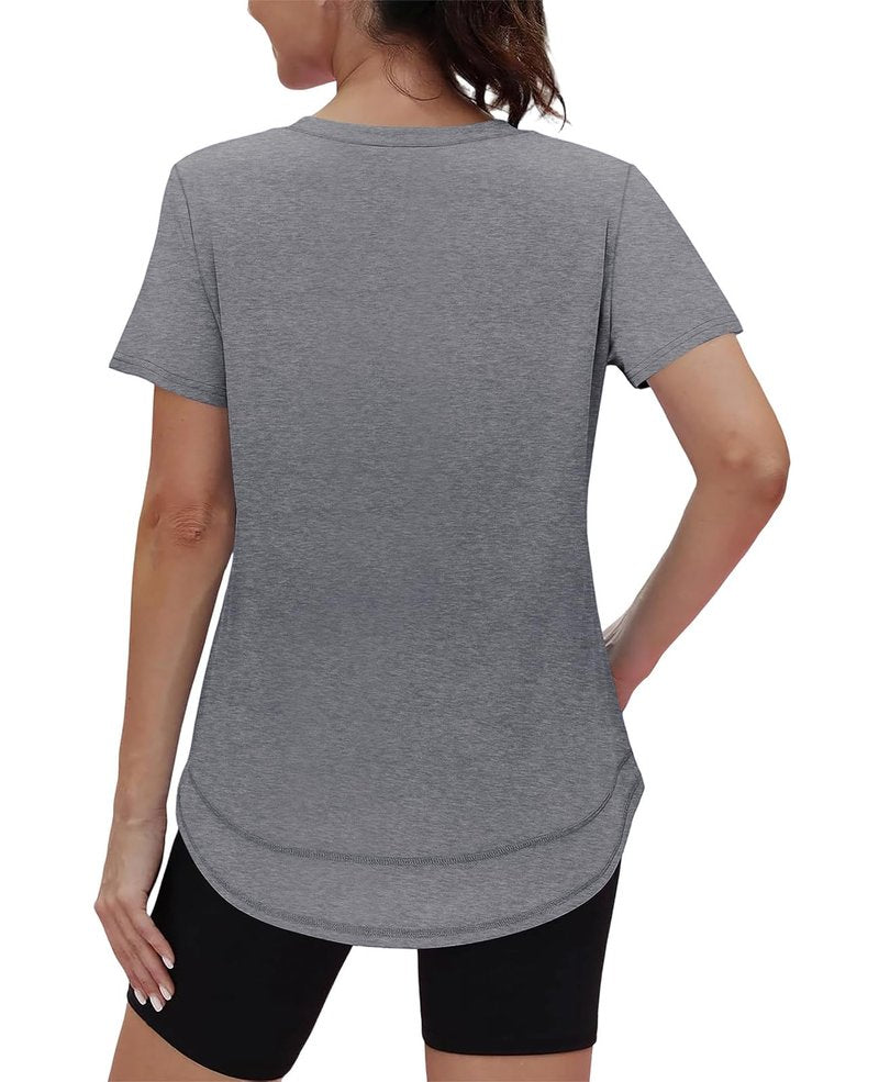 Workout Tops for Women Spring Summer Short Sleeve Golf Outfits Gym Essentials Activewear Running Shirts V Neck Grey S
