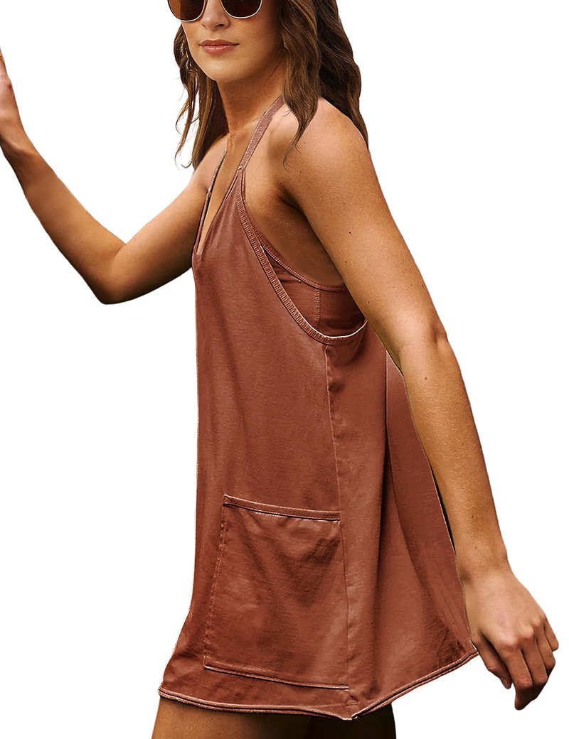 Lentta Womens Athletic Sleeveless Mini Dress with Built-in Shorts V Neck Spaghetti Strap Sundress(Rust-XL)
