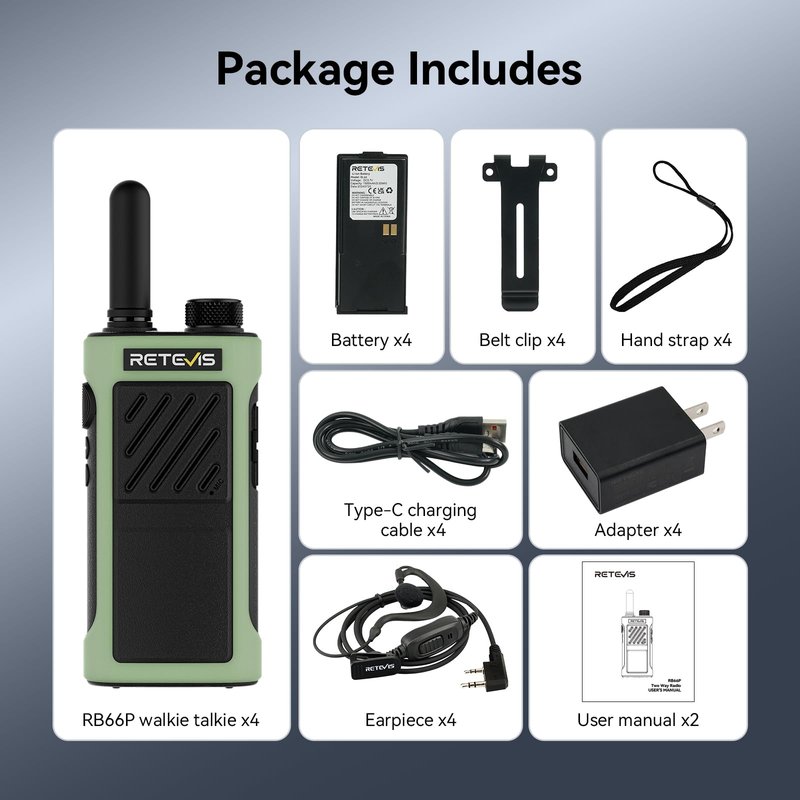 Retevis RB66P Walkie Talkies for Adult, Fast Charging, Flashlight, Walkie Talkies with Earpiece, 1500mAh, USB-C, Fluorescent Design, Portable FRS Two Way Radios for Work Camping Hiking(4 Pack)