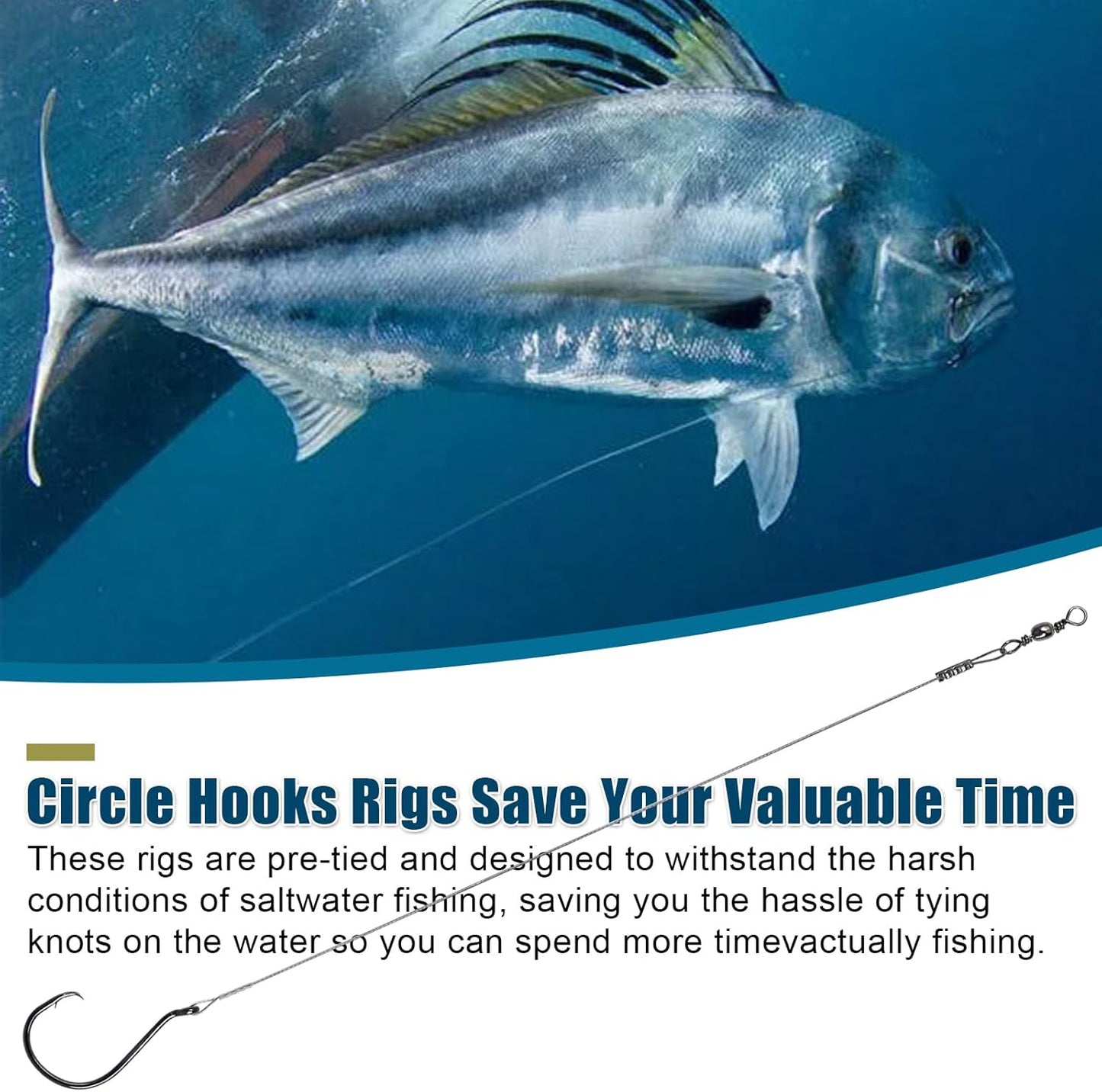 Circle Hooks Rigs - 15pcs Fishing Leader Rigs with Steel Wire | Sizes 1/0 to 10/0 for Bass & Catfish Fishing