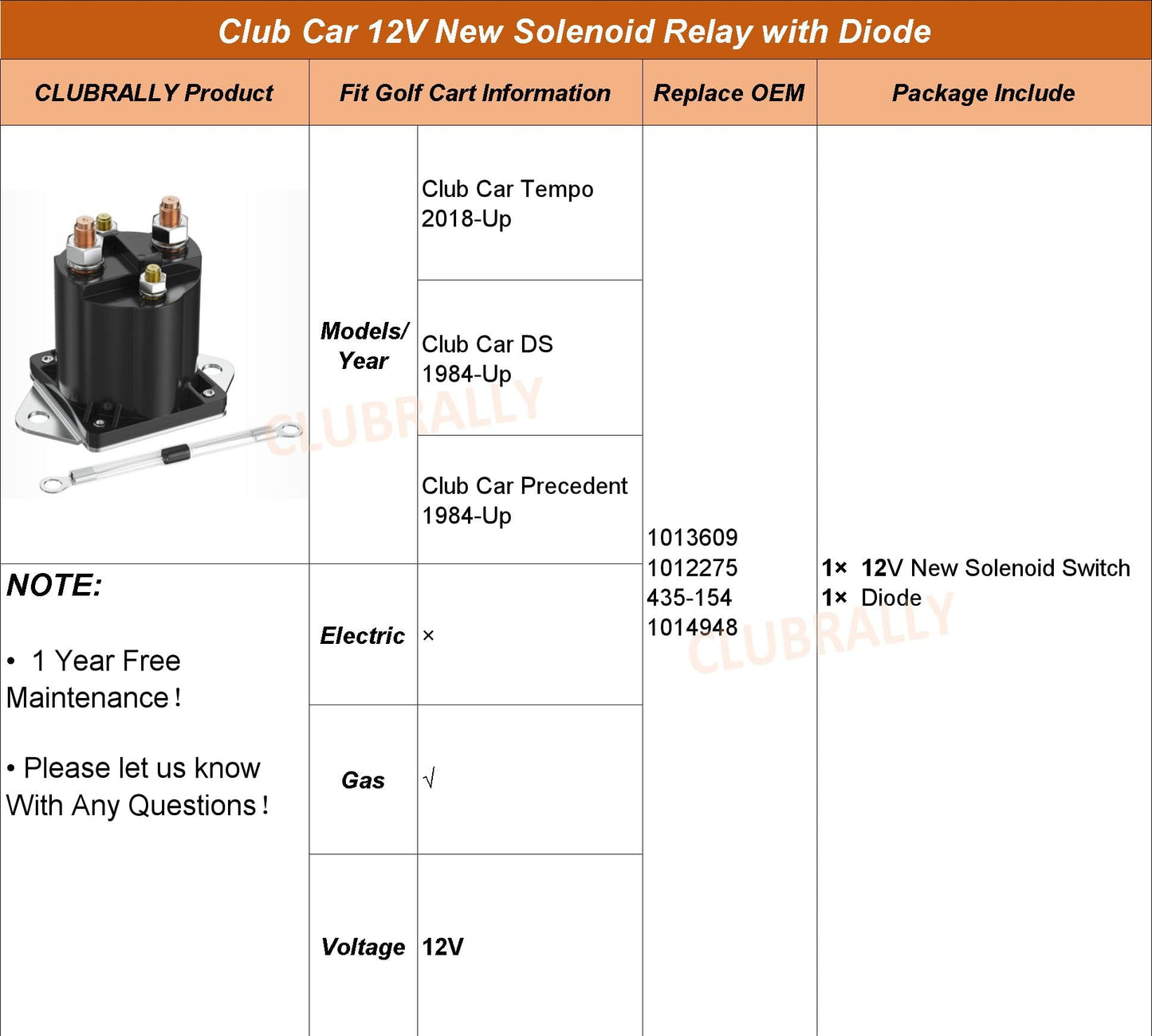 CLUBRALLY Golf Cart Solenoid 12V – LPL6003 Solenoid Relay with Diode, Fits for Club Car Tempo 2018-Up and Club Car DS & Precedent 1984-Up, OEM#1013609,1014948