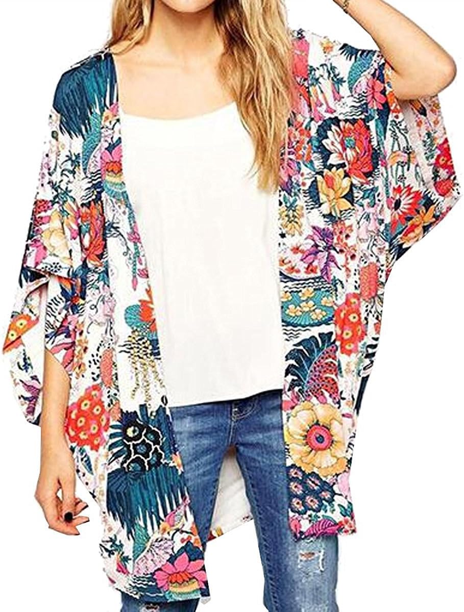 Women's Sheer Floral Print Kimono Cardigan - Loose Summer Cover Up