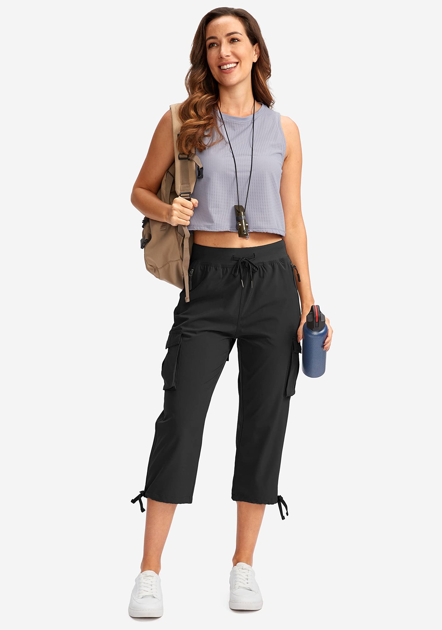 Soothfeel Women's Cargo Capris Pants with 6 Pockets Lightweight Quick Dry Travel Hiking Summer Pants for Women Casual (Black, XL)