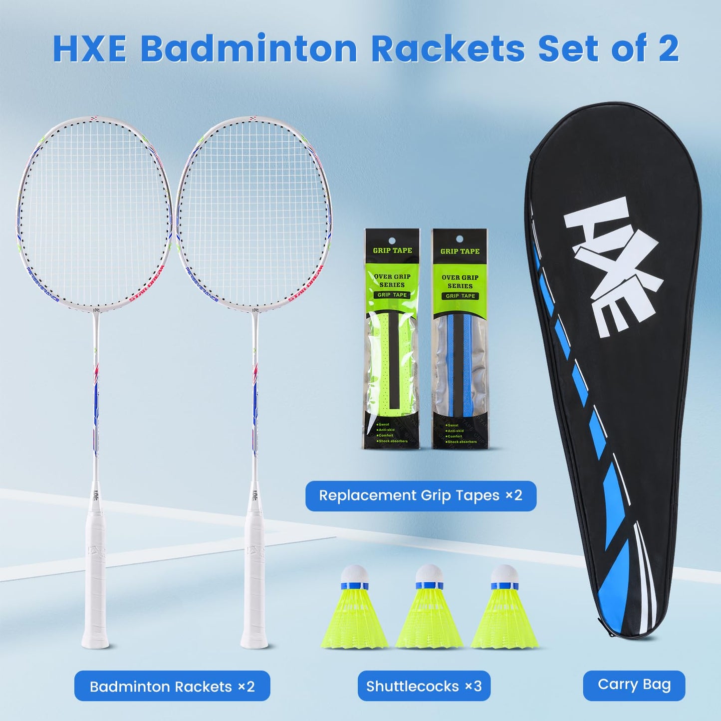 HXE Badminton Rackets Set, Lightweight Badminton Set for Outdoor Backyard Games Gym, Including 2 Racquets, 3 Shuttlecocks, 2 Replacement Grip Tapes and 1 Carry Bag, 2 Player Rackets for Beginners 4U