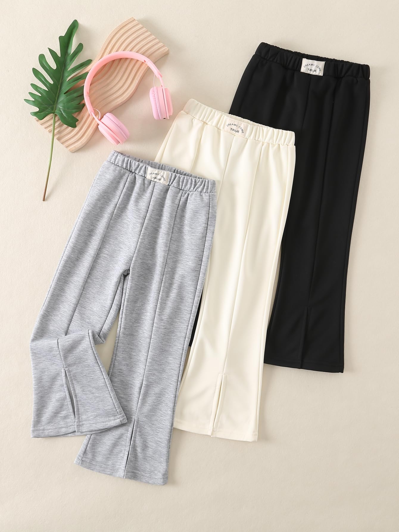 Fdqin Girls 3 Pcs Wide Leg Sweatpants Casual Elastic Waist Straight Leg Jogger Pants with Pockets Multicolor 7-8Years