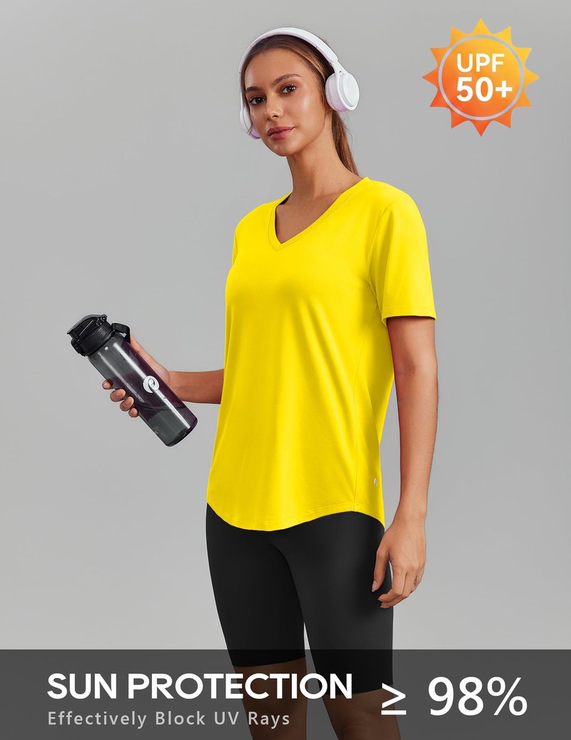 PINSPARK Womens Hiking Shirts Short Sleeve V Neck UPF 50 Sun Protection Moisture Wicking Quick Dry Outdoor Athletic Tops,Yellow Small