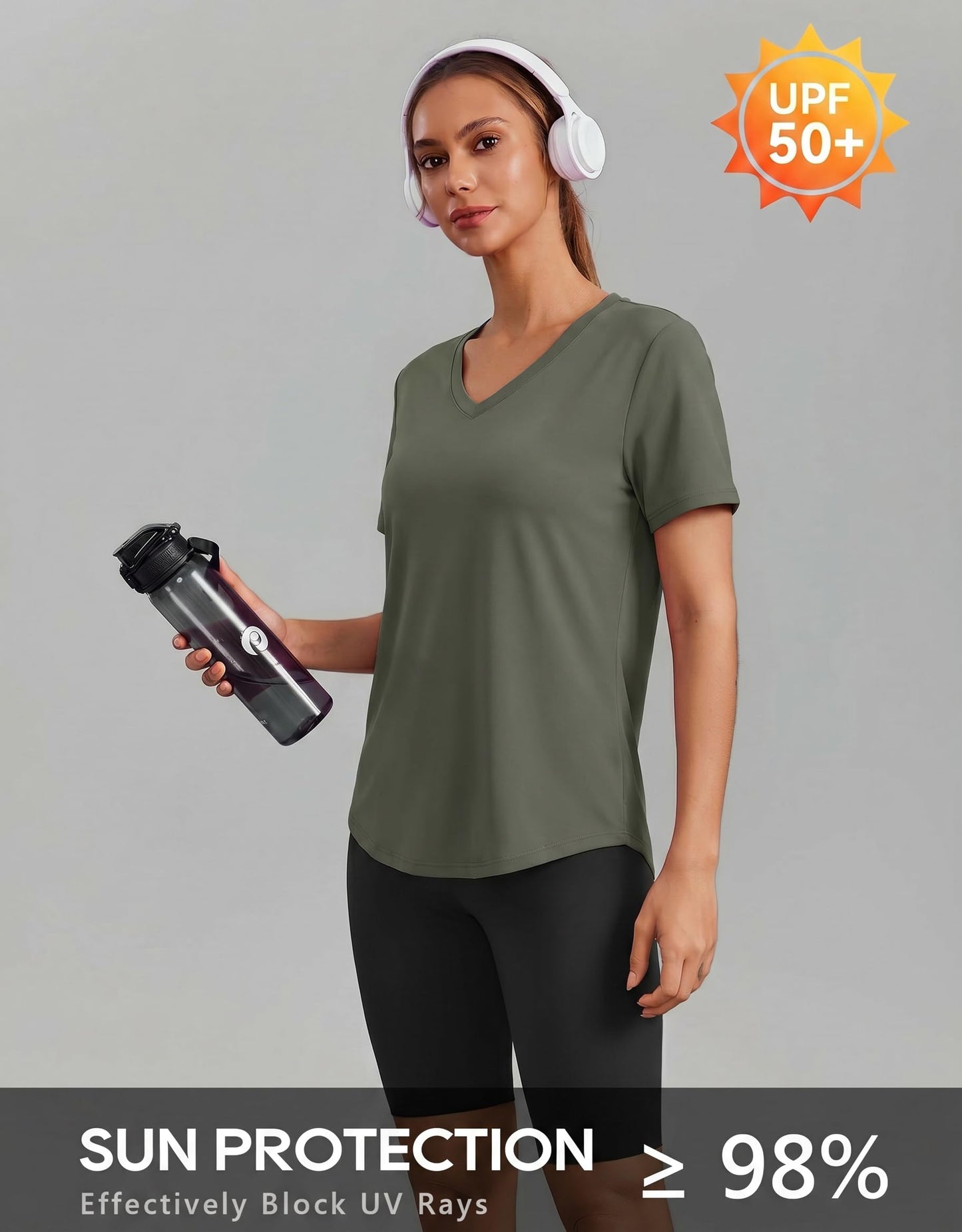 PINSPARK Breathable T-Shirts for Women Short Sleeve V Neck Moisture Wicking Workout Tops Quick Dry Lightweight Athletic Gym Shirts,Olive Green XX-Large