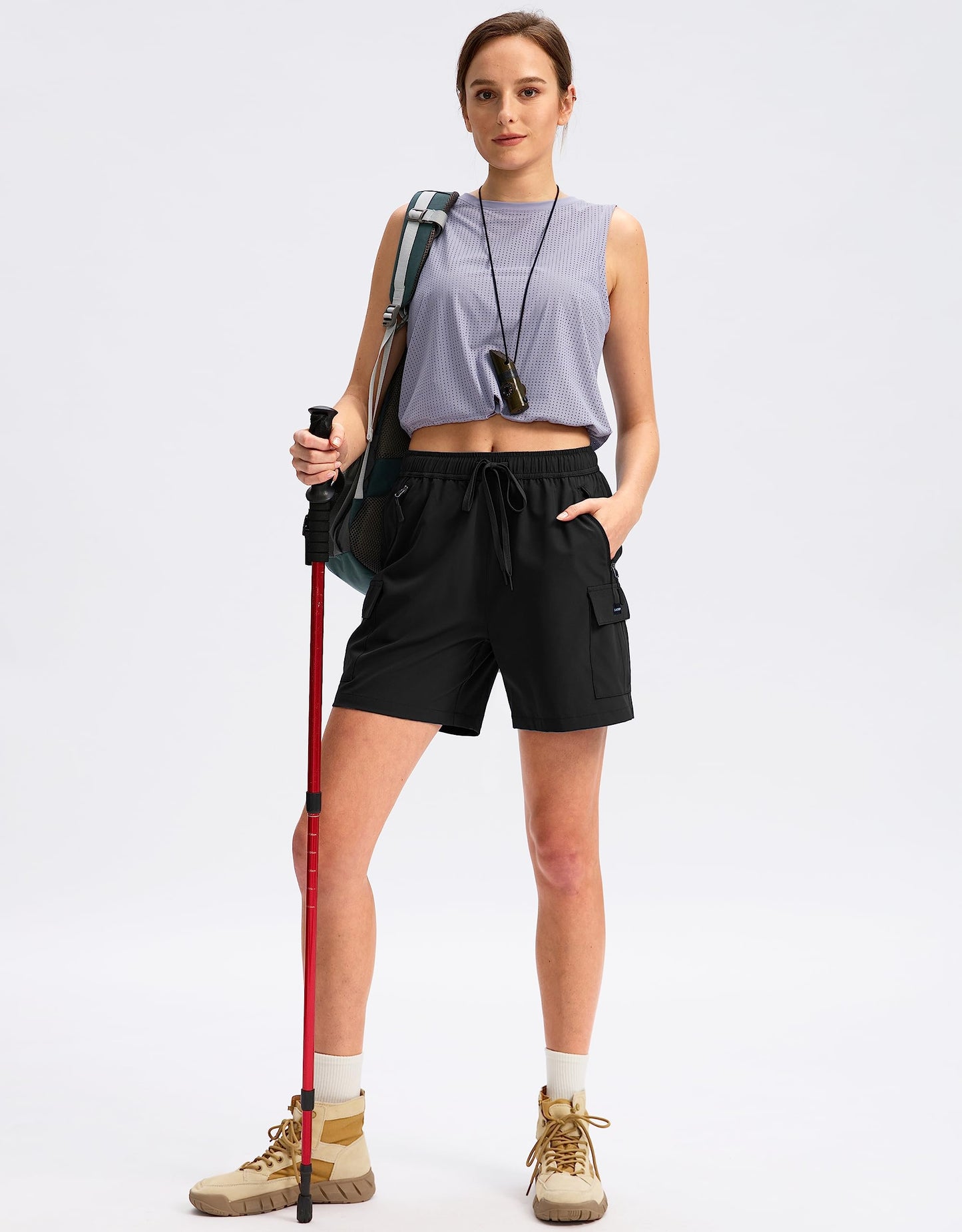 SANTINY Women's 5''/ 7''/9'' Hiking Cargo Shorts Quick Dry Lightweight Summer Shorts for Women Athletic Golf Zipper Pockets(Black_XL)