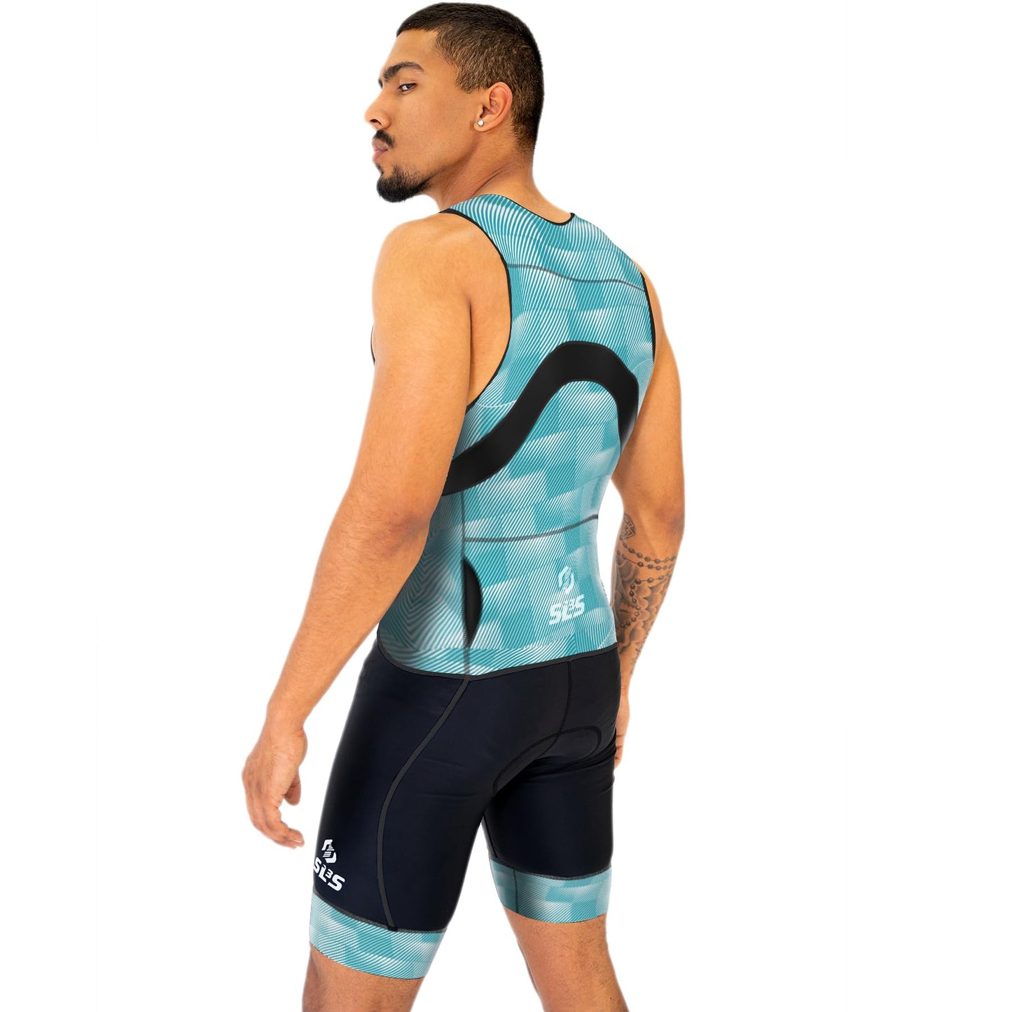 SLS3 Triathlon Suits Mens - Premium Trisuit Triathlon Men - Sleeveless, Quick Drying Tri Kit with Large Back Pocket (Blue Fractal, Medium)