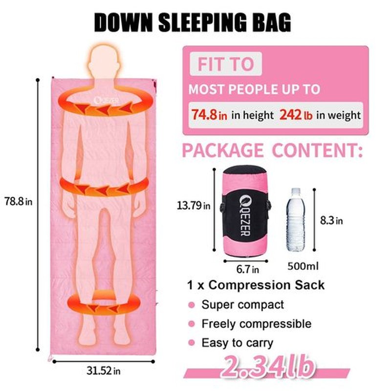 Down Sleeping Bag for Adults, Ultralight Wearable Sleeping Bag for Backpacking, Can Be Used as a Blanket or Mat (Pink)