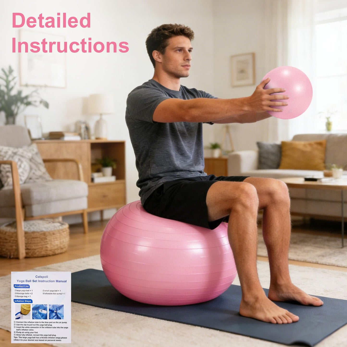 4Pcs Yoga Ball Set includes Large and 9in Pilates Balls, Massage & Spiky Ball for Fitness ,Anti-Burst Exercise Ball with Pumb for Pregnancy,Physical Therapy,Office Chair, Home Workout,3Sizes,Pink