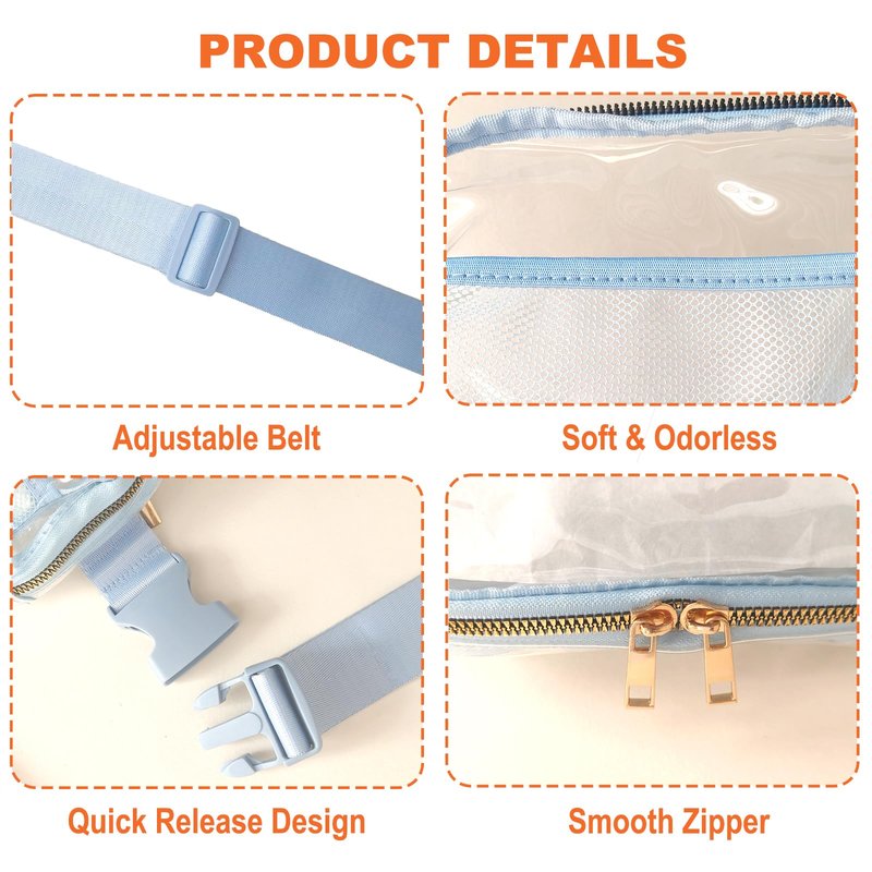 Clear Bag for Stadium Events, Clear Fanny Pack for Women, Stadium Crossbody Purse with Adjustable Strap, TPU Waist Pack for Concerts Sports Travelling Hiking Running (Blue)