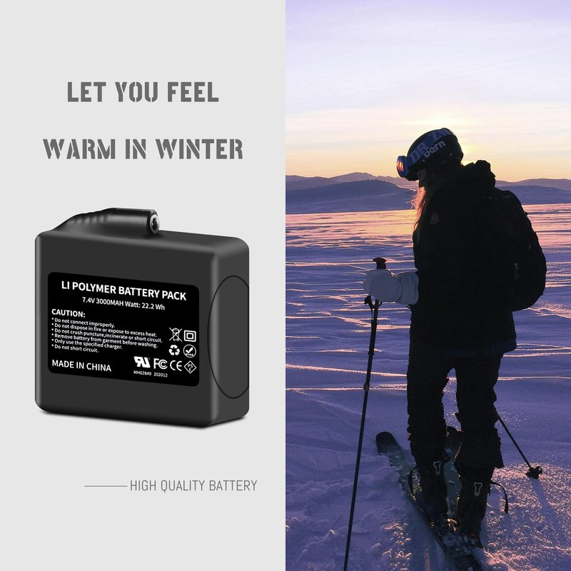 2Pack 3000mAh Lithium-ion Battery Pack for Heated Gloves, Socks, Hats, Mittens, Vest, Jacket, Hand Muff, Boots, Hat, Knee Braces Suit battery Pack Upgraded Version 7.4V 3000mAh Battery Rechargeable