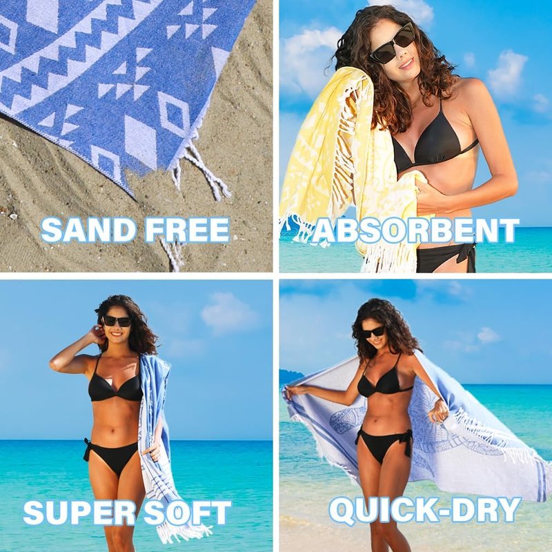 Turkish Beach Towel - Lightweight Quick Dry Absorbent Cotton | Extra Large Sand-Free Bath & Pool Accessory