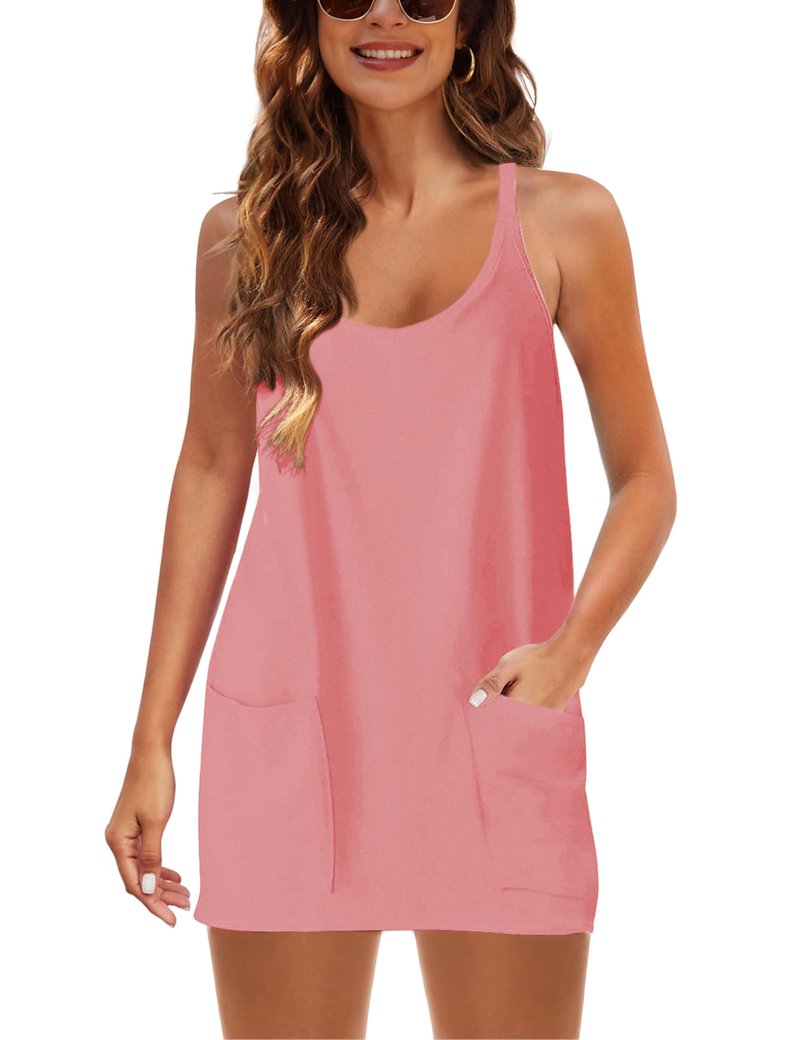Lentta Womens Athletic Sleeveless Mini Dress with Built-in Shorts V Neck Spaghetti Strap Sundress(Coral-XL)
