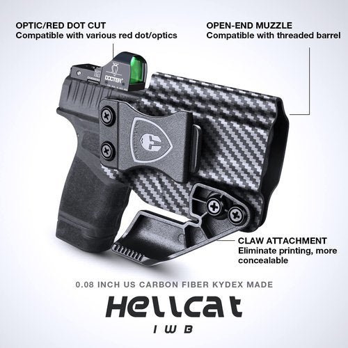 Hellcat Holster, IWB Carbon Fiber Kydex Holster w/Claw & Optics Cut: Springfield Armory Hellcat/Hellcat RDP/Hellcat OSP, Inside Waistband Concealed Carry, Adj. Retention & Cant, Right Hand