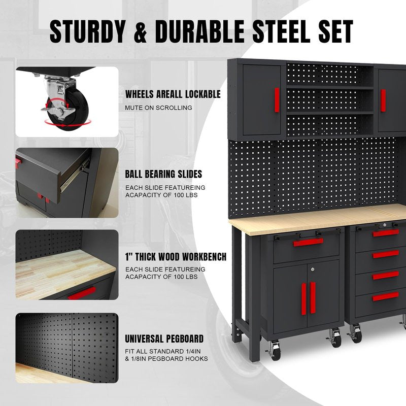 TCE Garage Cabinets Storage System: 6 Piece Set with Lockers and Workbench for Home, Office, Gym, School, Black/Grey