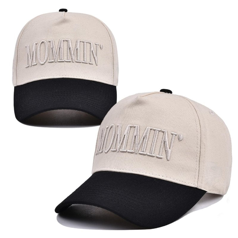 Mommin Baseball Cap for Women Men Vintage Embroidered Mom Trucker Hat Adjustable Canvas Vintage Hat for Casual Wear (Beige/Black)