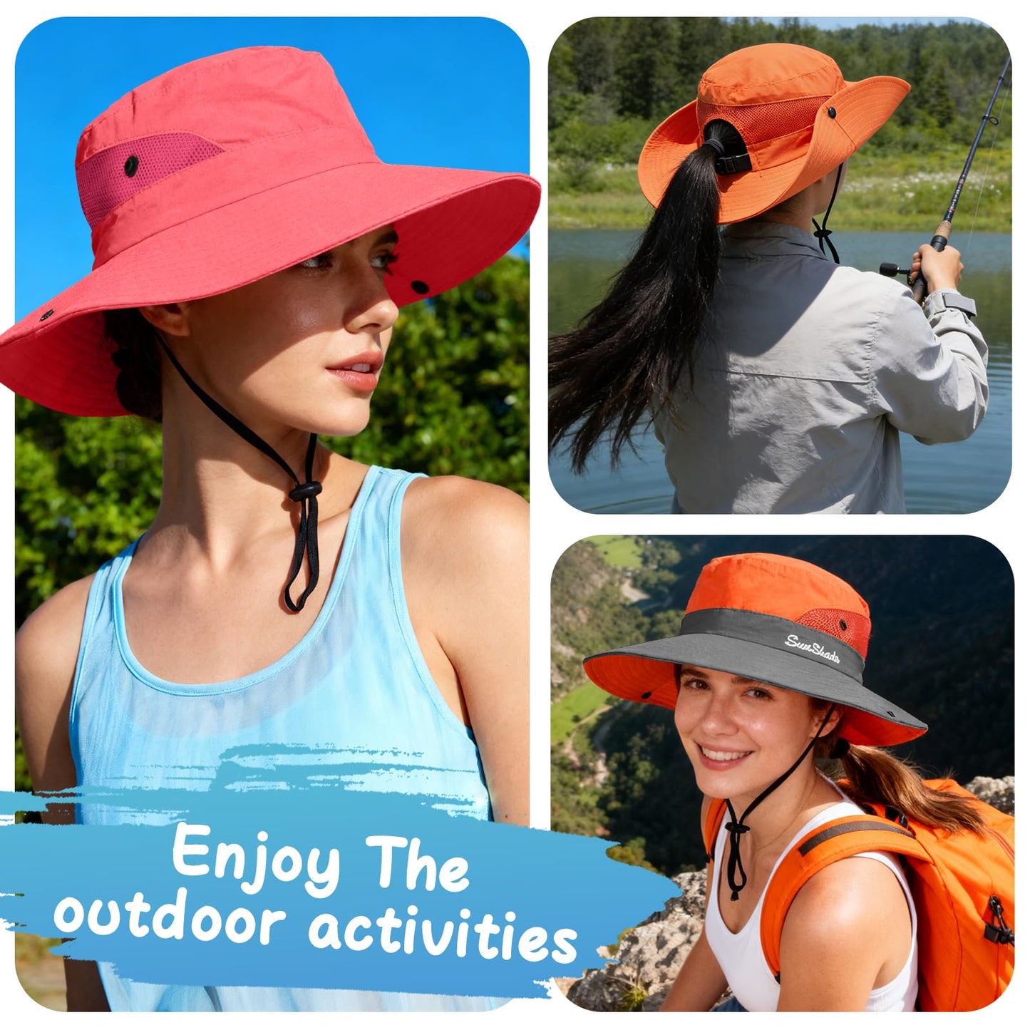 ZOORON Women's Ponytail Safari Sun Hat,Wide Brim UV Protection Bucket Hat
