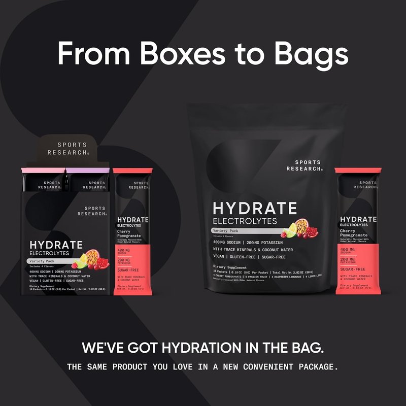 Hydrate Electrolytes Powder Packets - Sugar-Free, Naturally Flavored with Vitamins & Coconut Water - 16 Pack Variety Pack