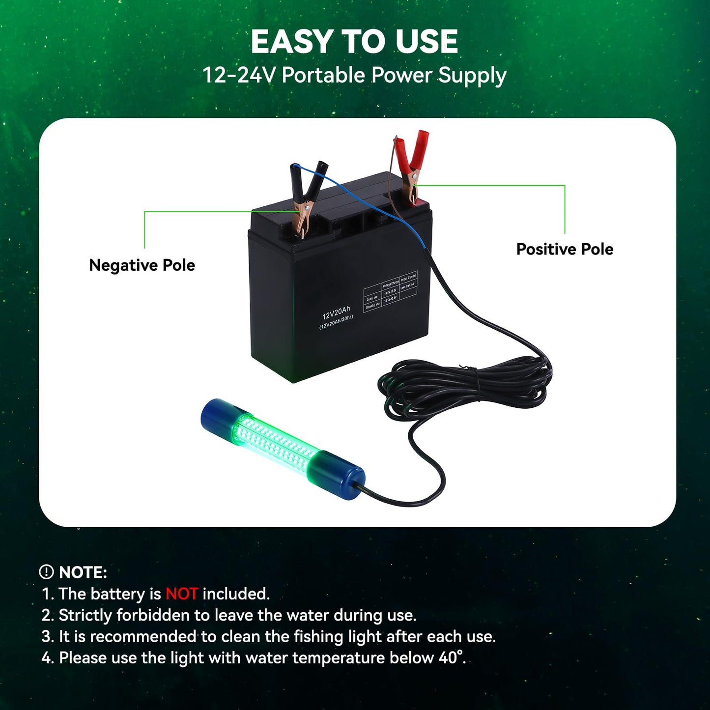 18W Green Underwater Fishing Light, IP68 Waterproof LED Fish Bait Light 1200LM Submersible Attractants Lamp on Boats/Docks for Night Snook Crappie with Battery Clips, DC 12-24V, 16.4ft Cable