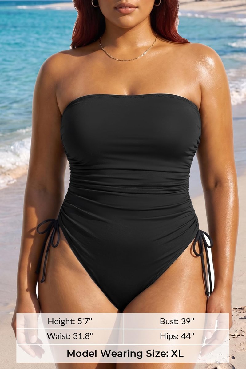 Yonique Women Strapless One Piece Swimsuit Tummy Control Bandeau Bathing Suit Cheeky Swimwear Black M