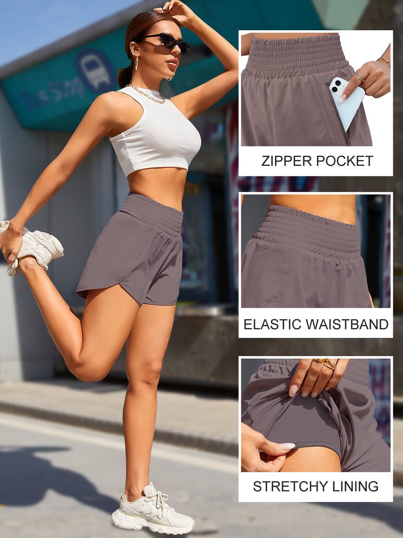 BMJL Women's Athletic Shorts High Waisted Running Short Pocket 2.5" Sporty Shorts Gym Elastic Workout Shorts(XS,Coffee)